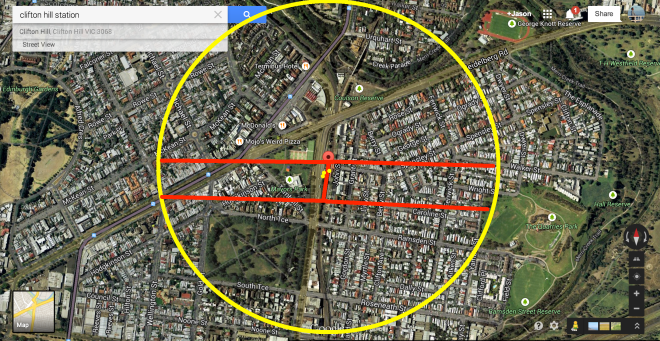 Those inside the yellow circle and not between the red lines can be assumed to benefit from new platform entrances.