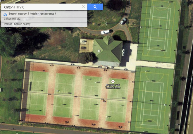 In the courts at right, you can see the netball court (yellow lines) encompassing the tennis court (white lines)